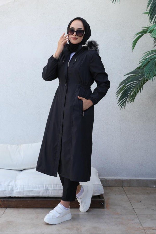 Bel Büzgülü Bondit Tesettür Kaban Siyah 8009 Bel Büzgülü Bondit Tesettür Kaban Siyah 8009