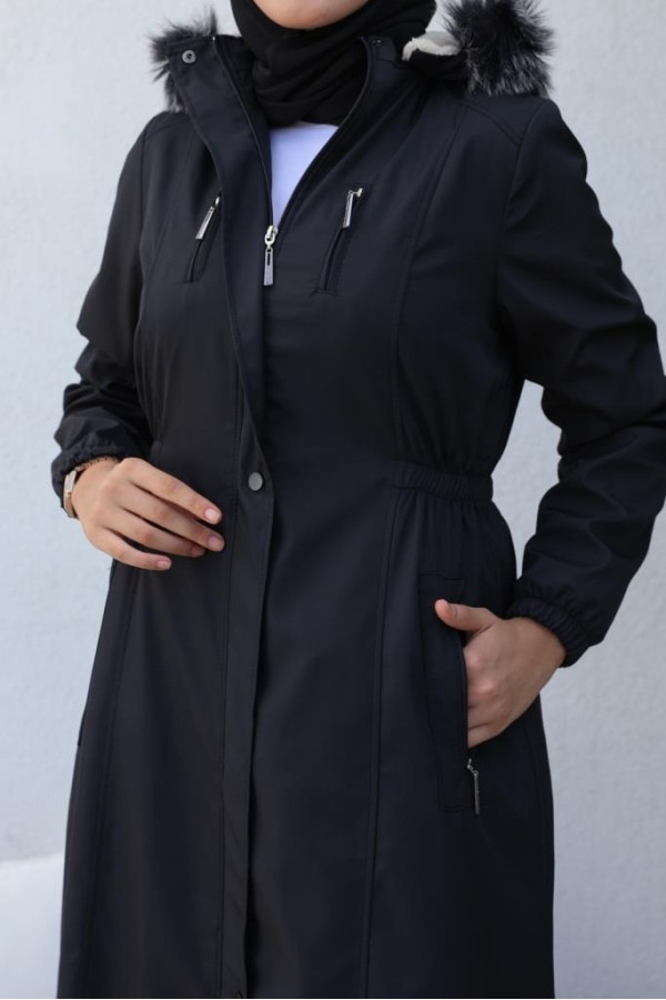 Bel Büzgülü Bondit Tesettür Kaban Siyah 8009 Bel Büzgülü Bondit Tesettür Kaban Siyah 8009