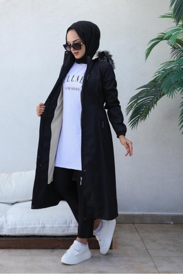 Bel Büzgülü Bondit Tesettür Kaban Siyah 8009 Bel Büzgülü Bondit Tesettür Kaban Siyah 8009