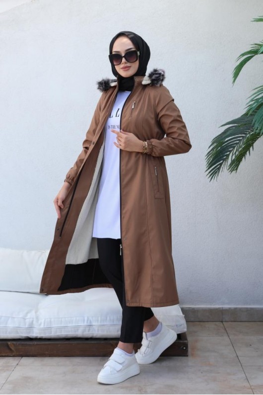 Bel Büzgülü Bondit Tesettür Kaban Taba 8009 Bel Büzgülü Bondit Tesettür Kaban Taba 8009