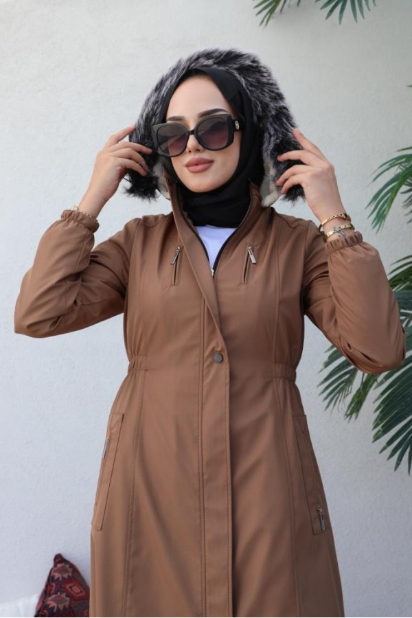 Bel Büzgülü Bondit Tesettür Kaban Taba 8009 Bel Büzgülü Bondit Tesettür Kaban Taba 8009