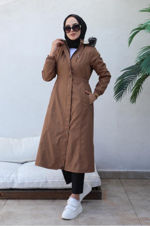 Bel Büzgülü Bondit Tesettür Kaban Taba 8009 Bel Büzgülü Bondit Tesettür Kaban Taba 8009