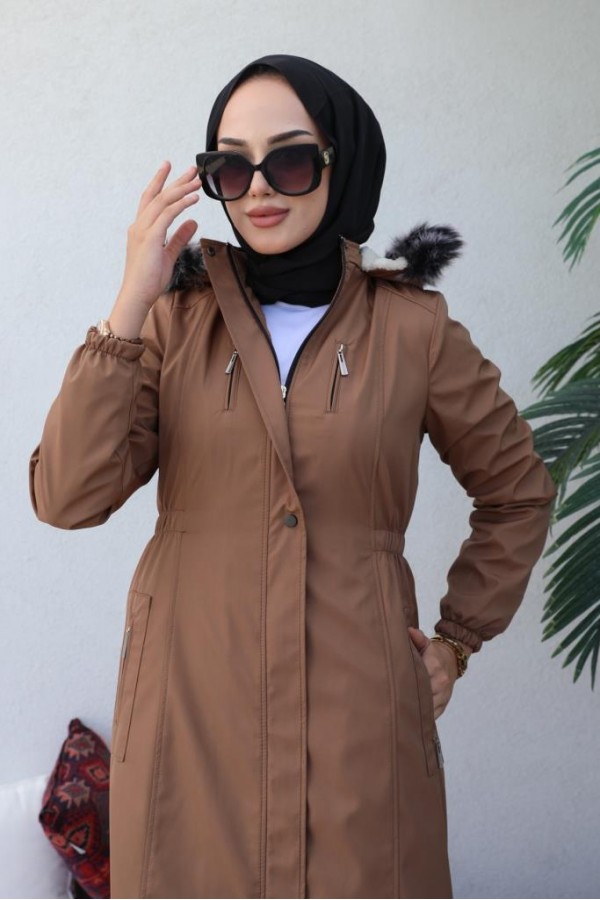 Bel Büzgülü Bondit Tesettür Kaban Taba 8009 Bel Büzgülü Bondit Tesettür Kaban Taba 8009