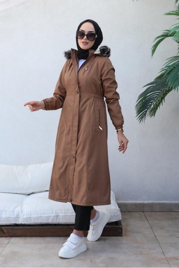 Bel Büzgülü Bondit Tesettür Kaban Taba 8009 Bel Büzgülü Bondit Tesettür Kaban Taba 8009