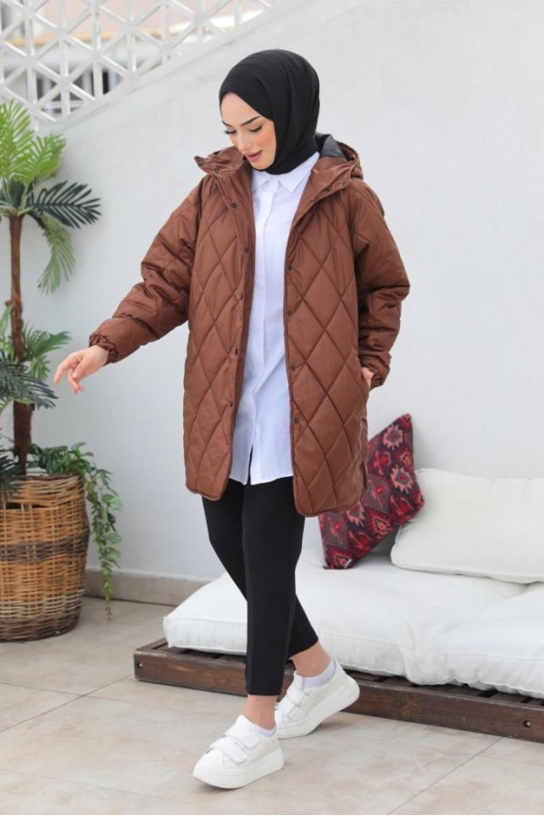  Baklava Dilimli Kapitone Tesettür Mont Kahverengi 2256