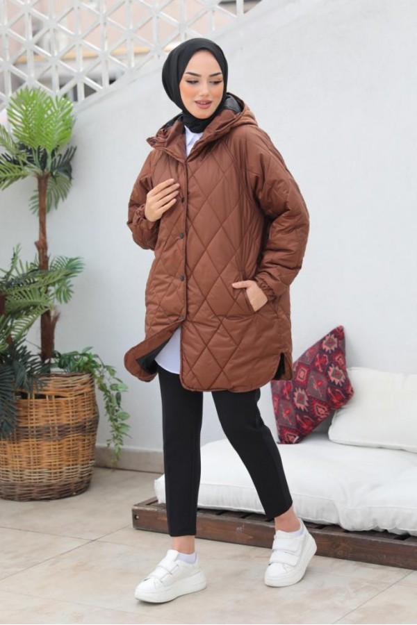  Baklava Dilimli Kapitone Tesettür Mont Kahverengi 2256