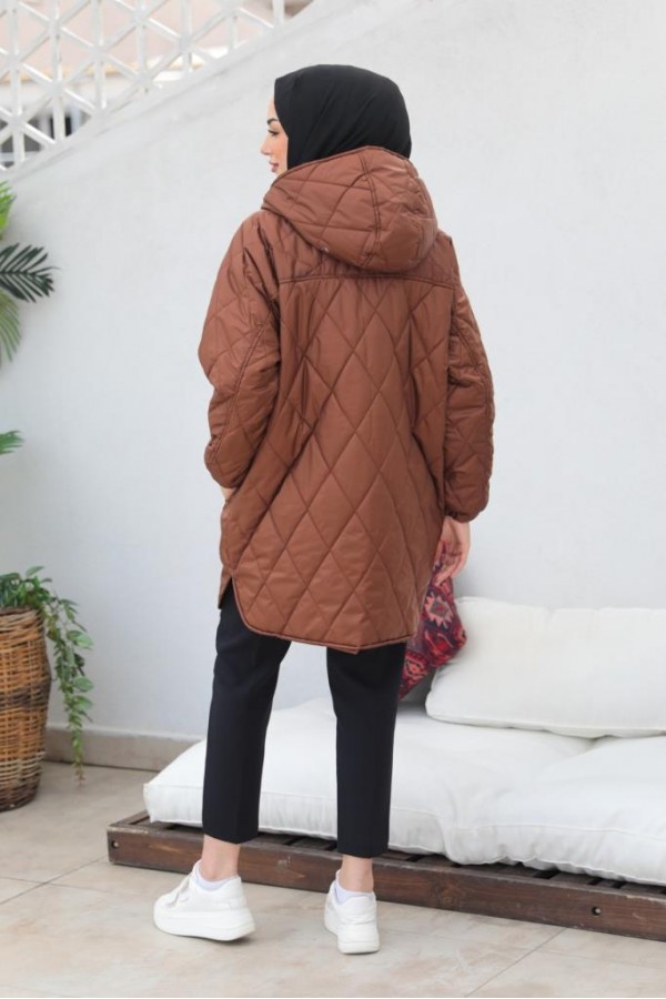  Baklava Dilimli Kapitone Tesettür Mont Kahverengi 2256