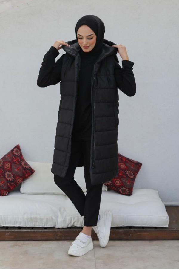  Kapüşonlu Şişme Yelek Siyah 1583