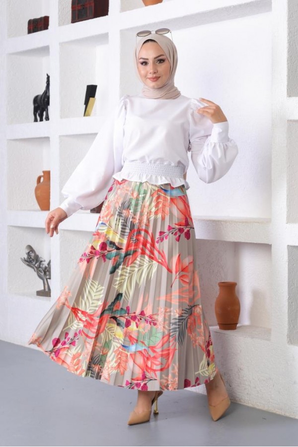 Desenli Tesettür Piliseli Etek Çağla 4530 Desenli Tesettür Piliseli Etek Çağla 4530