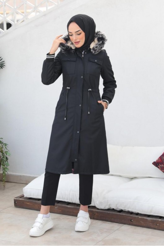 Kolları Lastikli İçi Peluşlu Bondit Kaban Siyah 4604 Kolları Lastikli İçi Peluşlu Bondit Kaban Siyah 4604