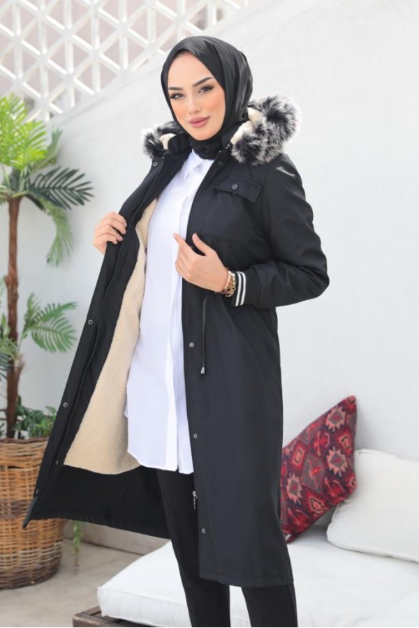Kolları Lastikli İçi Peluşlu Bondit Kaban Siyah 4604 Kolları Lastikli İçi Peluşlu Bondit Kaban Siyah 4604