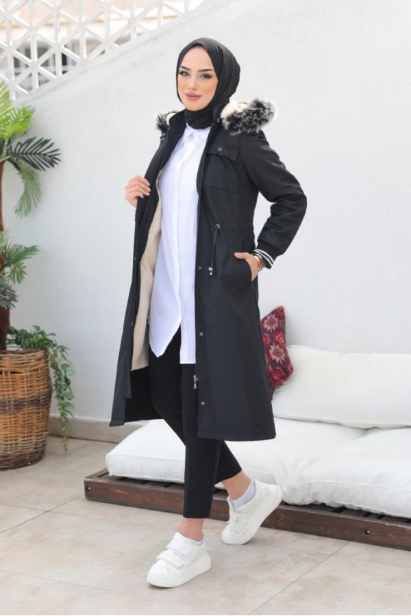 Kolları Lastikli İçi Peluşlu Bondit Kaban Siyah 4604 Kolları Lastikli İçi Peluşlu Bondit Kaban Siyah 4604
