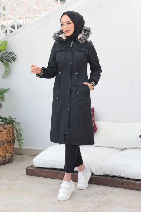 Kolları Lastikli İçi Peluşlu Bondit Kaban Siyah 4604 Kolları Lastikli İçi Peluşlu Bondit Kaban Siyah 4604