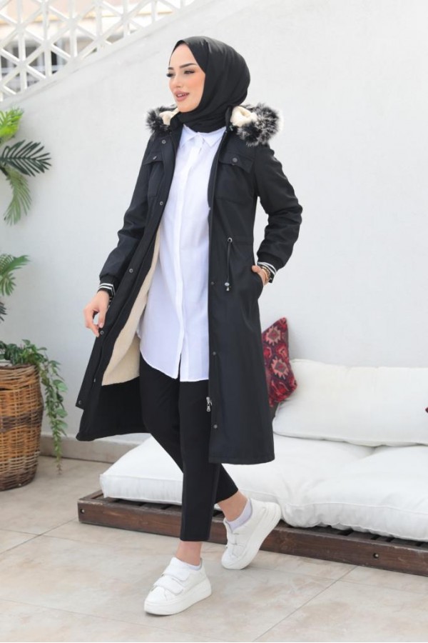 Kolları Lastikli İçi Peluşlu Bondit Kaban Siyah 4604 Kolları Lastikli İçi Peluşlu Bondit Kaban Siyah 4604