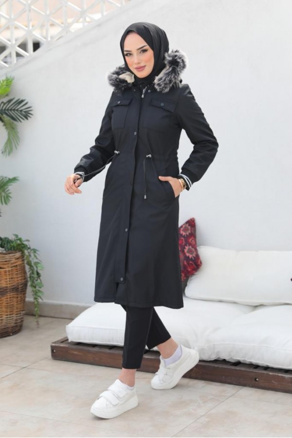 Kolları Lastikli İçi Peluşlu Bondit Kaban Siyah 4604 Kolları Lastikli İçi Peluşlu Bondit Kaban Siyah 4604