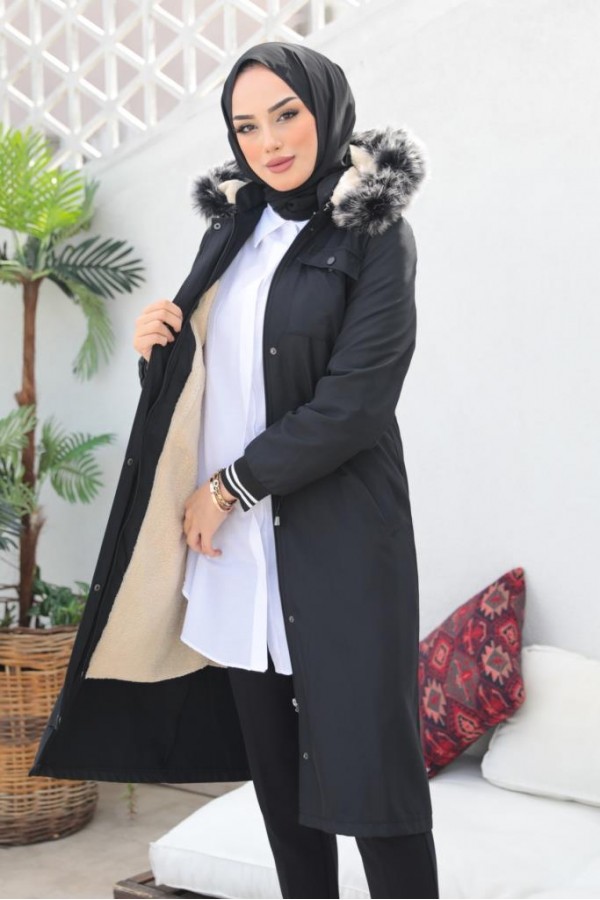 Kolları Lastikli İçi Peluşlu Bondit Kaban Siyah 4604 Kolları Lastikli İçi Peluşlu Bondit Kaban Siyah 4604