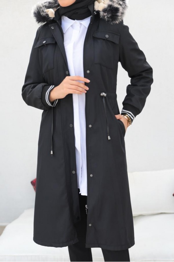 Kolları Lastikli İçi Peluşlu Bondit Kaban Siyah 4604 Kolları Lastikli İçi Peluşlu Bondit Kaban Siyah 4604