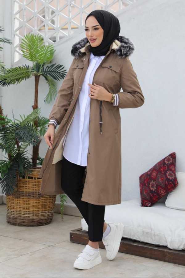 Kolları Lastikli İçi Peluşlu Bondit Kaban Vizon 4604 Kolları Lastikli İçi Peluşlu Bondit Kaban Vizon 4604