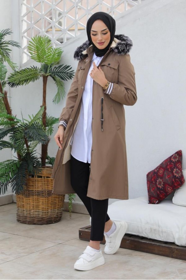 Kolları Lastikli İçi Peluşlu Bondit Kaban Vizon 4604 Kolları Lastikli İçi Peluşlu Bondit Kaban Vizon 4604