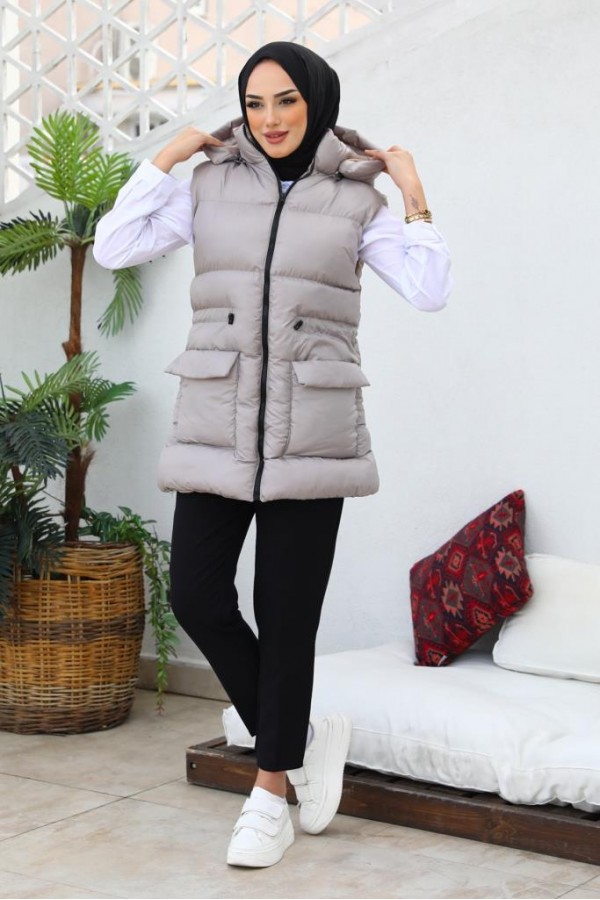  Kapüşonlu Şişme Yelek Vizon 1390