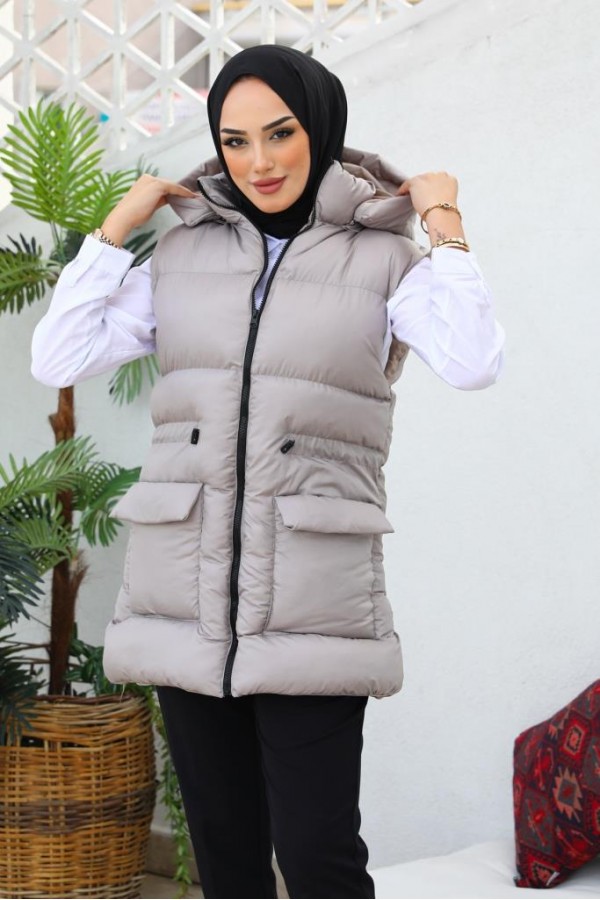  Kapüşonlu Şişme Yelek Vizon 1390