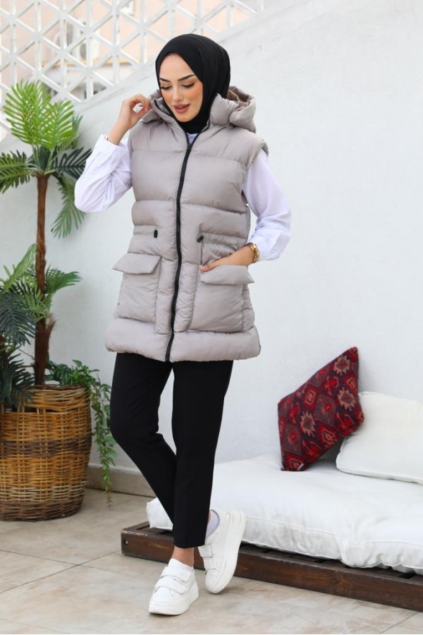  Kapüşonlu Şişme Yelek Vizon 1390