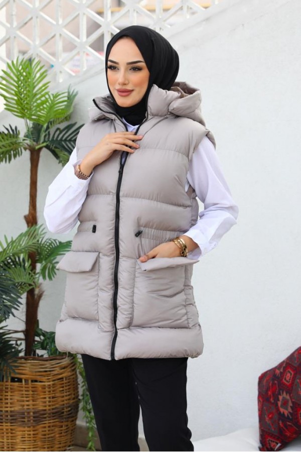  Kapüşonlu Şişme Yelek Vizon 1390