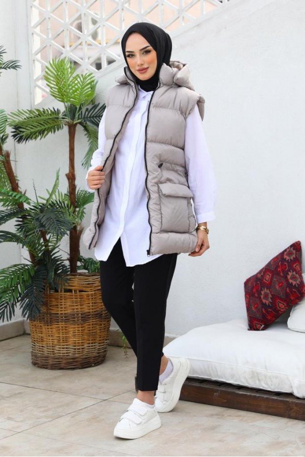  Kapüşonlu Şişme Yelek Vizon 1390