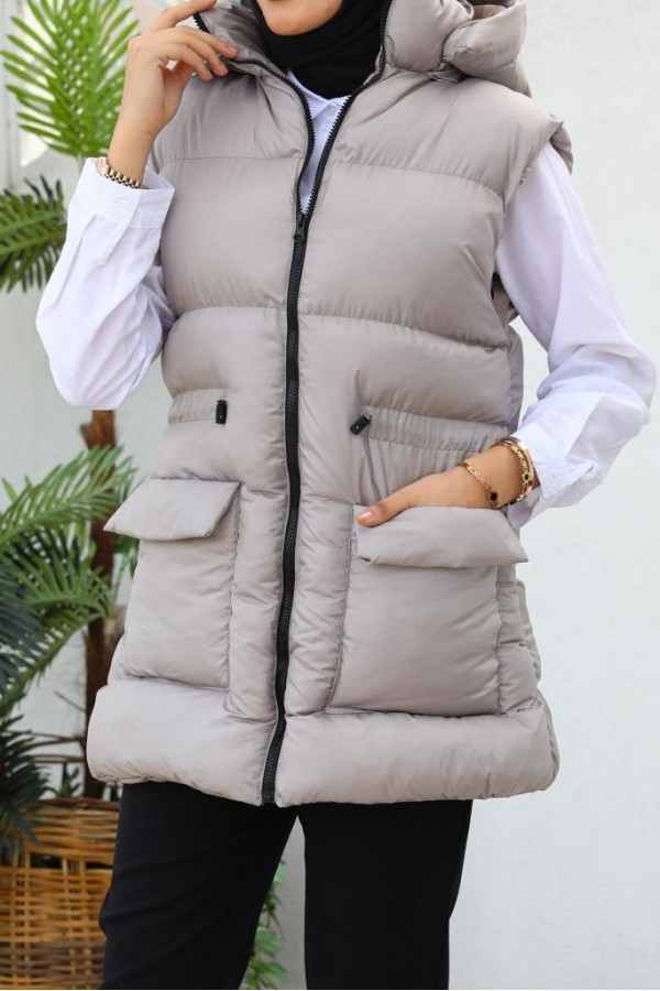  Kapüşonlu Şişme Yelek Vizon 1390