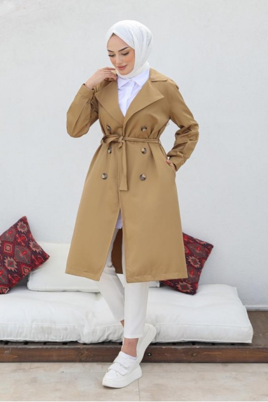  Tesettür Trençkot Camel 5853