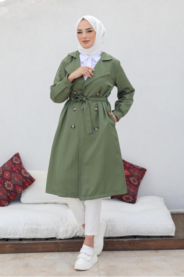  Tesettür Trençkot Haki 5853
