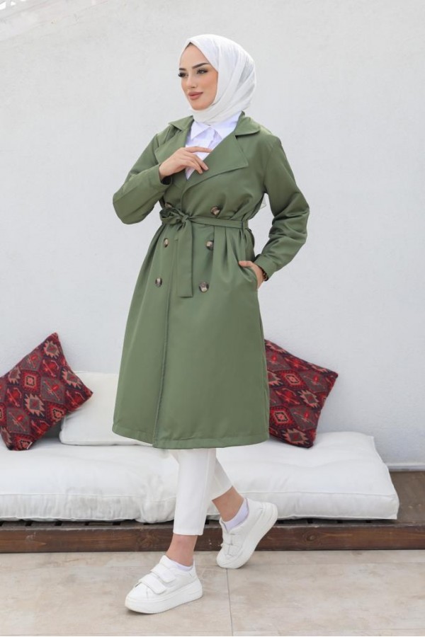  Tesettür Trençkot Haki 5853