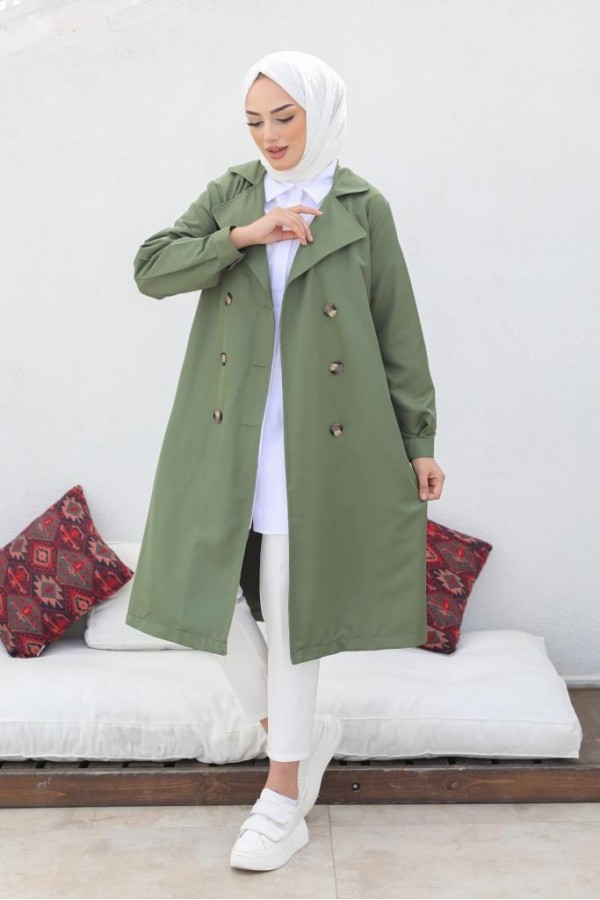  Tesettür Trençkot Haki 5853