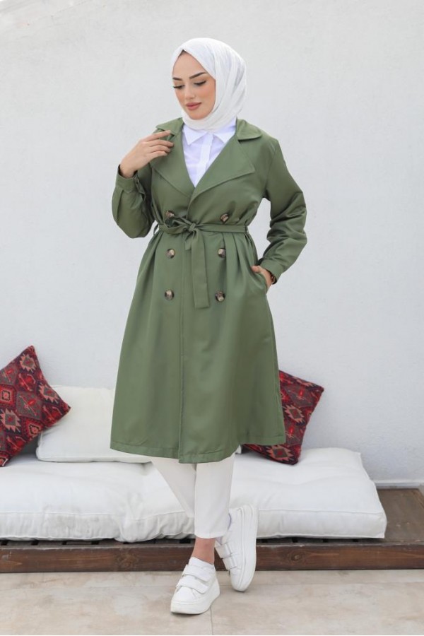  Tesettür Trençkot Haki 5853