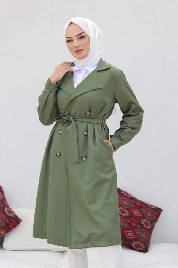  Tesettür Trençkot Haki 5853
