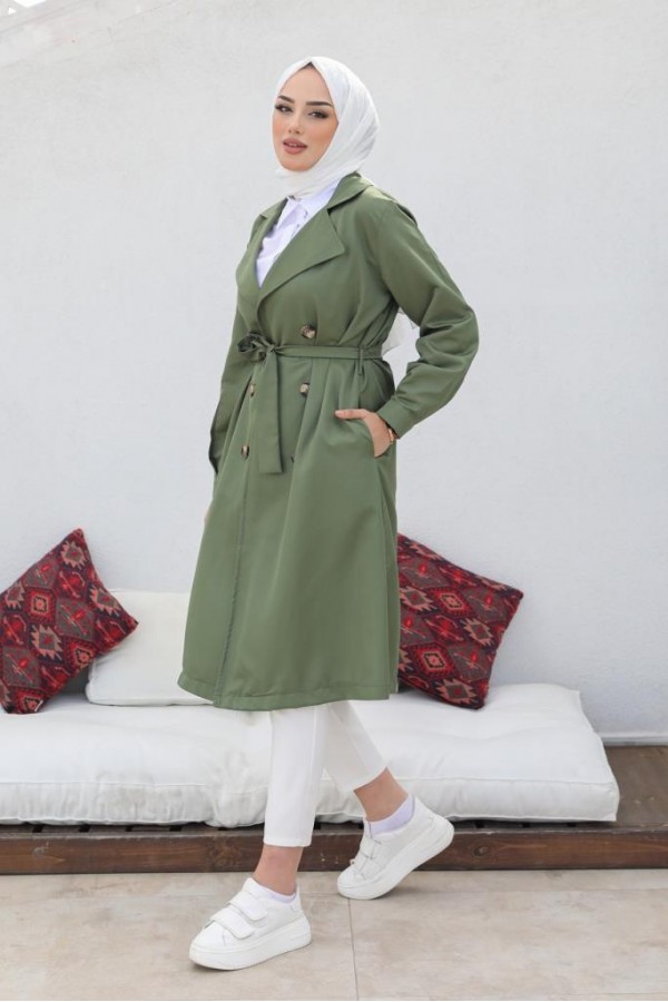  Tesettür Trençkot Haki 5853