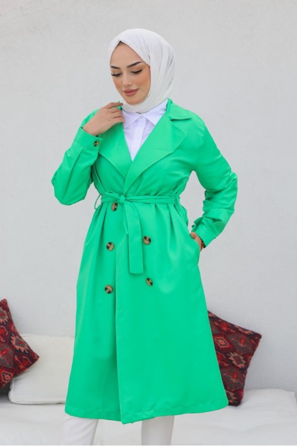  Tesettür Trençkot Yeşil 5853