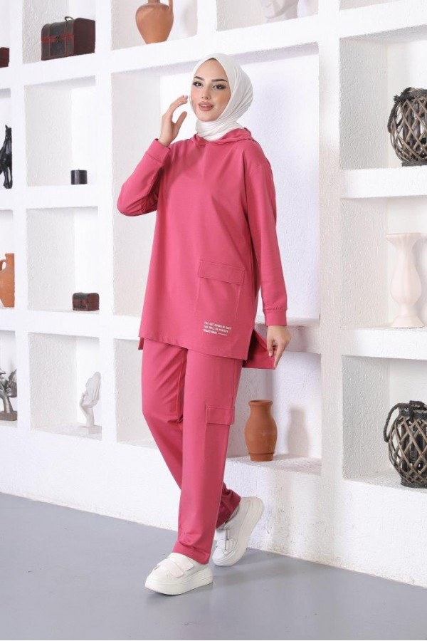  Kapüşonlu Cep Detaylı İkili Tesettür Takım Gül Kurusu 31043