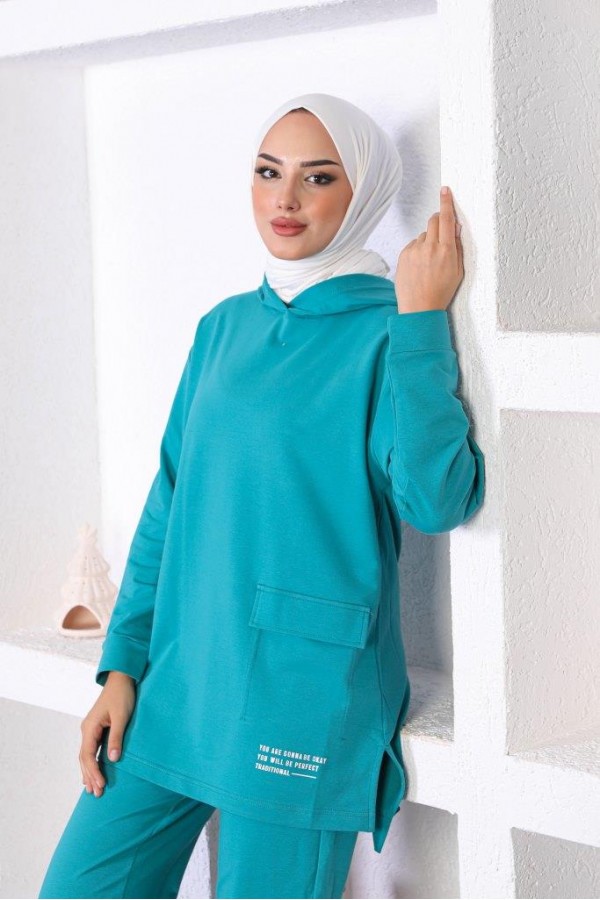  Kapüşonlu Cep Detaylı İkili Tesettür Takım Petrol 31043
