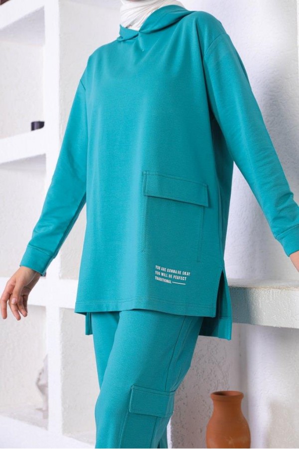  Kapüşonlu Cep Detaylı İkili Tesettür Takım Petrol 31043