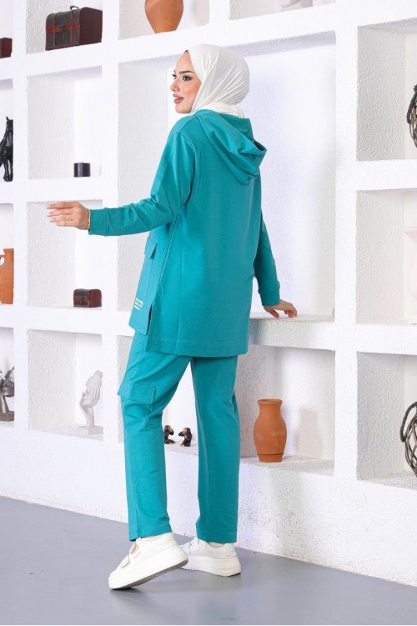  Kapüşonlu Cep Detaylı İkili Tesettür Takım Petrol 31043