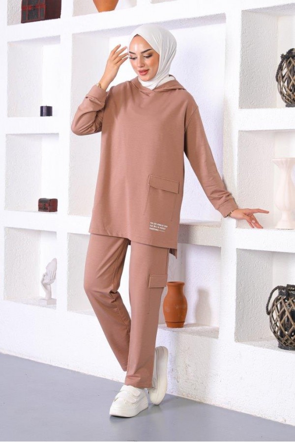  Kapüşonlu Cep Detaylı İkili Tesettür Takım Vizon 31043