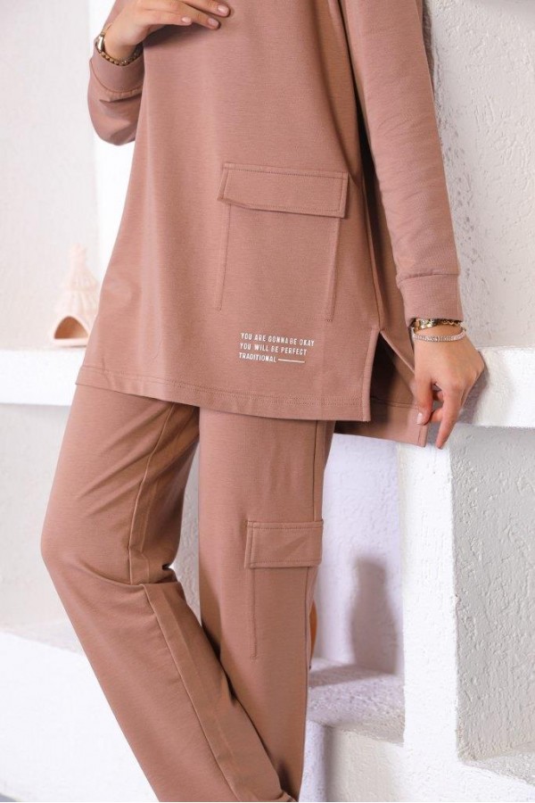  Kapüşonlu Cep Detaylı İkili Tesettür Takım Vizon 31043