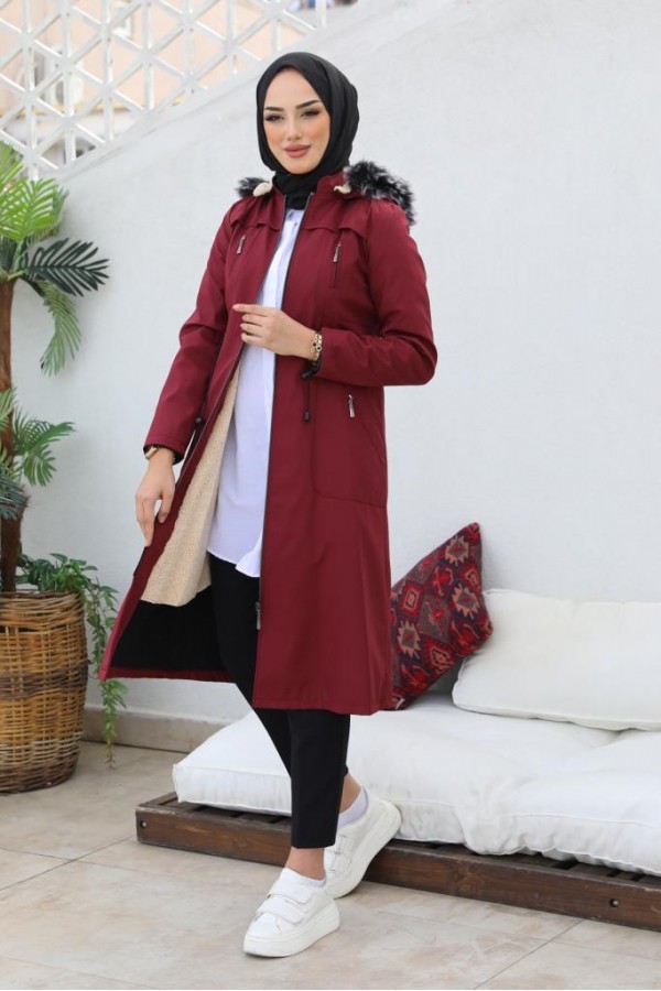 İçi Kürklü Bondit Tesettür Kaban Bordo 1017 İçi Kürklü Bondit Tesettür Kaban Bordo 1017