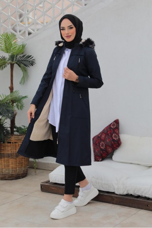 İçi Kürklü Bondit Tesettür Kaban Lacivert 1017 İçi Kürklü Bondit Tesettür Kaban Lacivert 1017