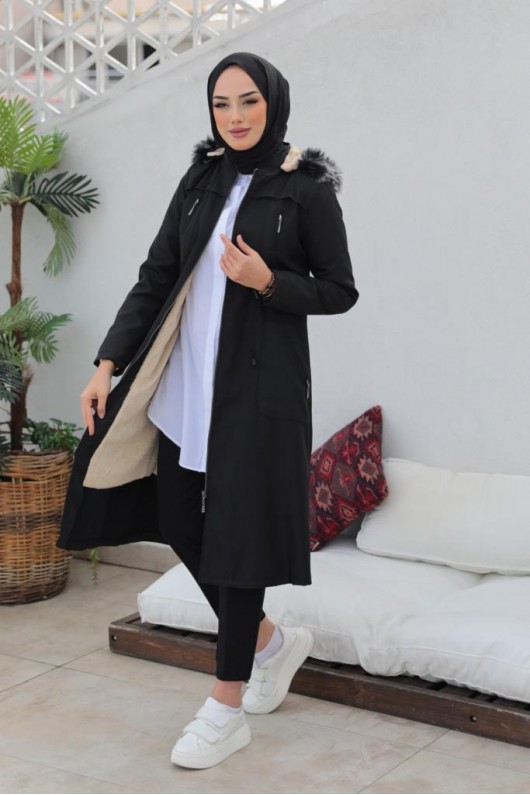 İçi Kürklü Bondit Tesettür Kaban Siyah 1017 İçi Kürklü Bondit Tesettür Kaban Siyah 1017