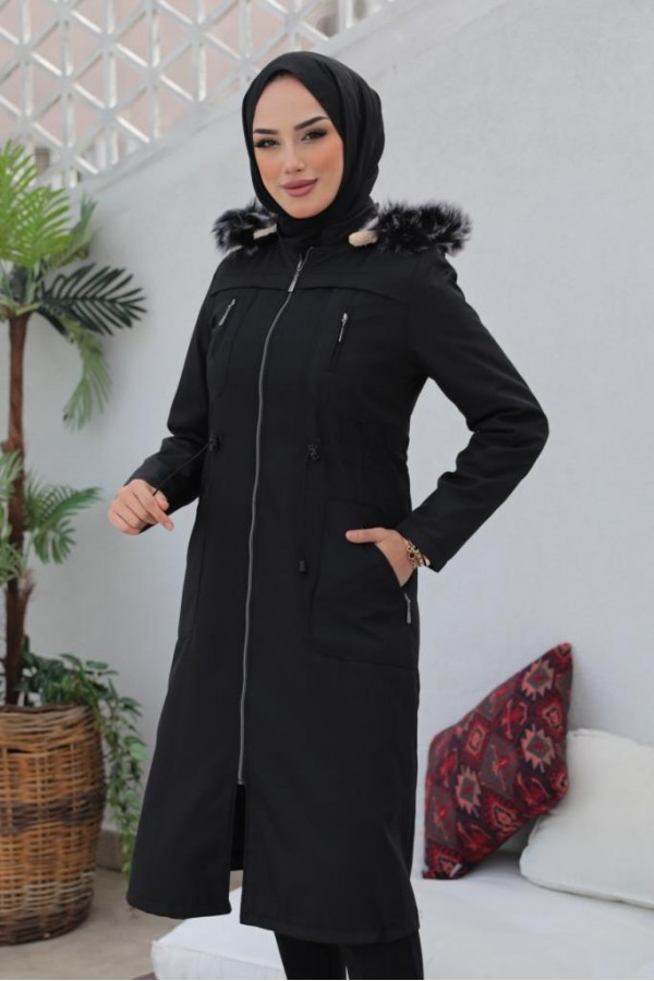 İçi Kürklü Bondit Tesettür Kaban Siyah 1017 İçi Kürklü Bondit Tesettür Kaban Siyah 1017