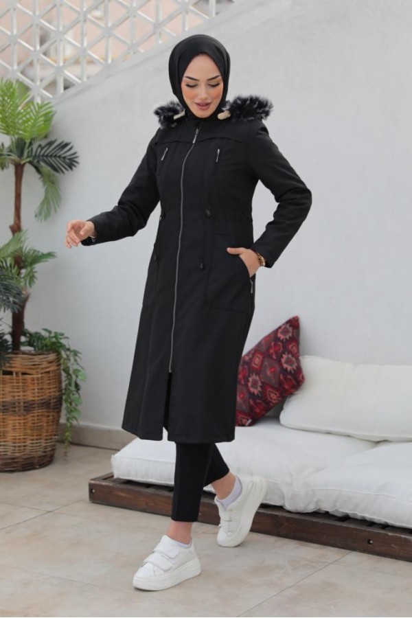İçi Kürklü Bondit Tesettür Kaban Siyah 1017 İçi Kürklü Bondit Tesettür Kaban Siyah 1017