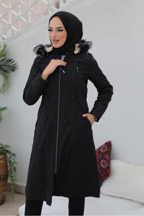 İçi Kürklü Bondit Tesettür Kaban Siyah 1017 İçi Kürklü Bondit Tesettür Kaban Siyah 1017