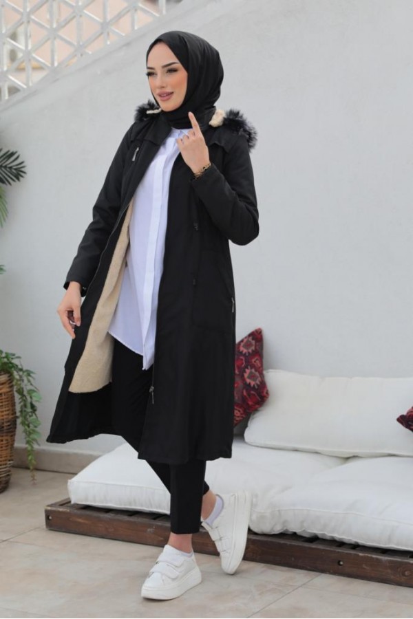 İçi Kürklü Bondit Tesettür Kaban Siyah 1017 İçi Kürklü Bondit Tesettür Kaban Siyah 1017